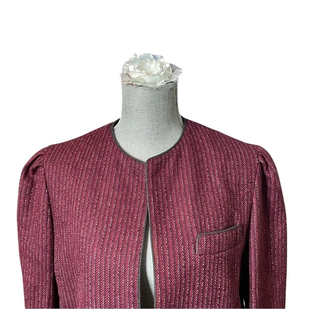 Elizabeth Arden New York wool blazer deep red tweed with black trim.